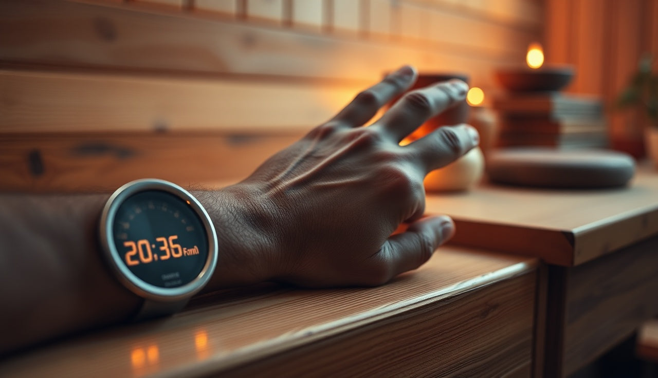Person tracking temperature in a wooden sauna with a thermometer on the bench