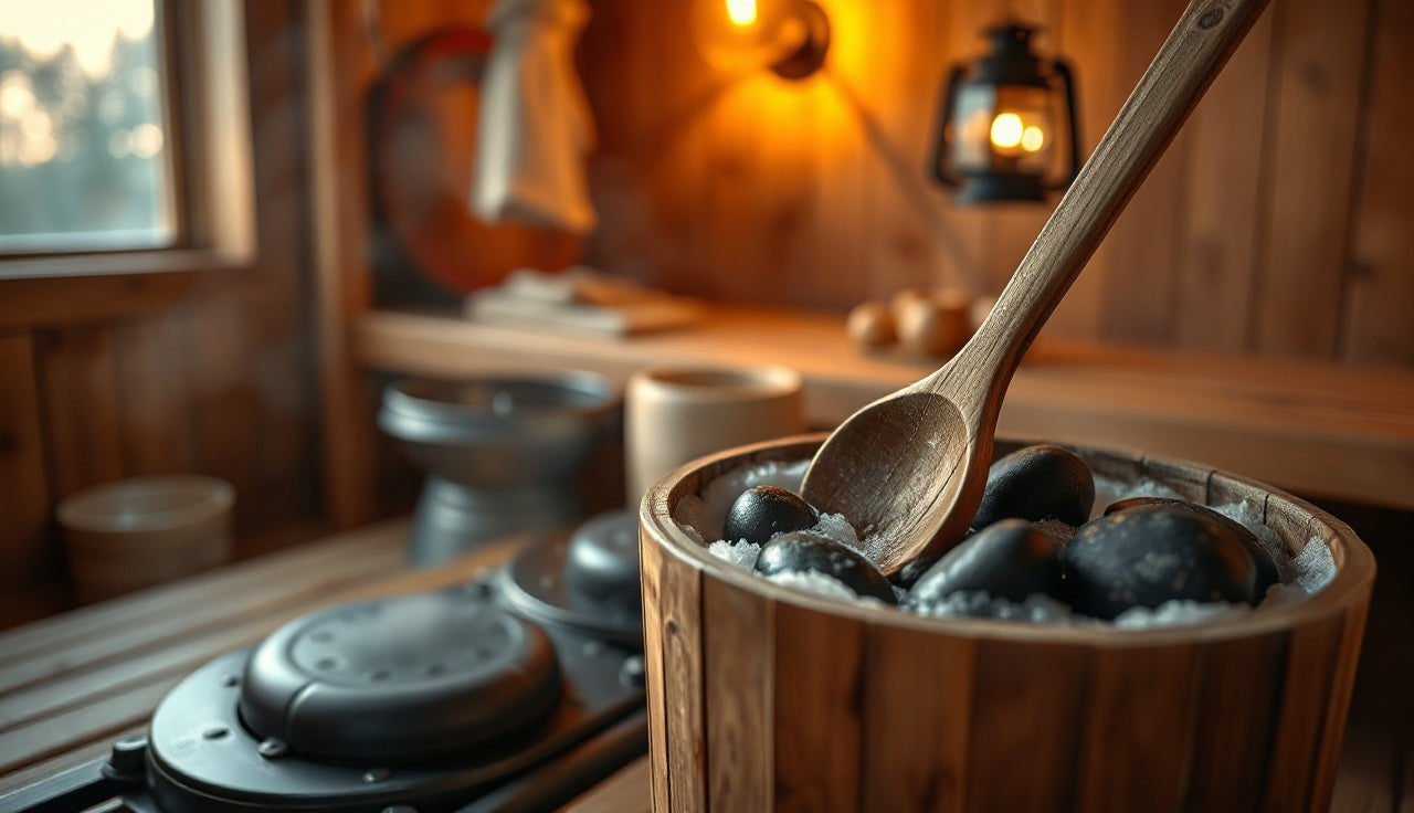 Wooden ladle and bucket beside hot sauna stones with warm amber lighting