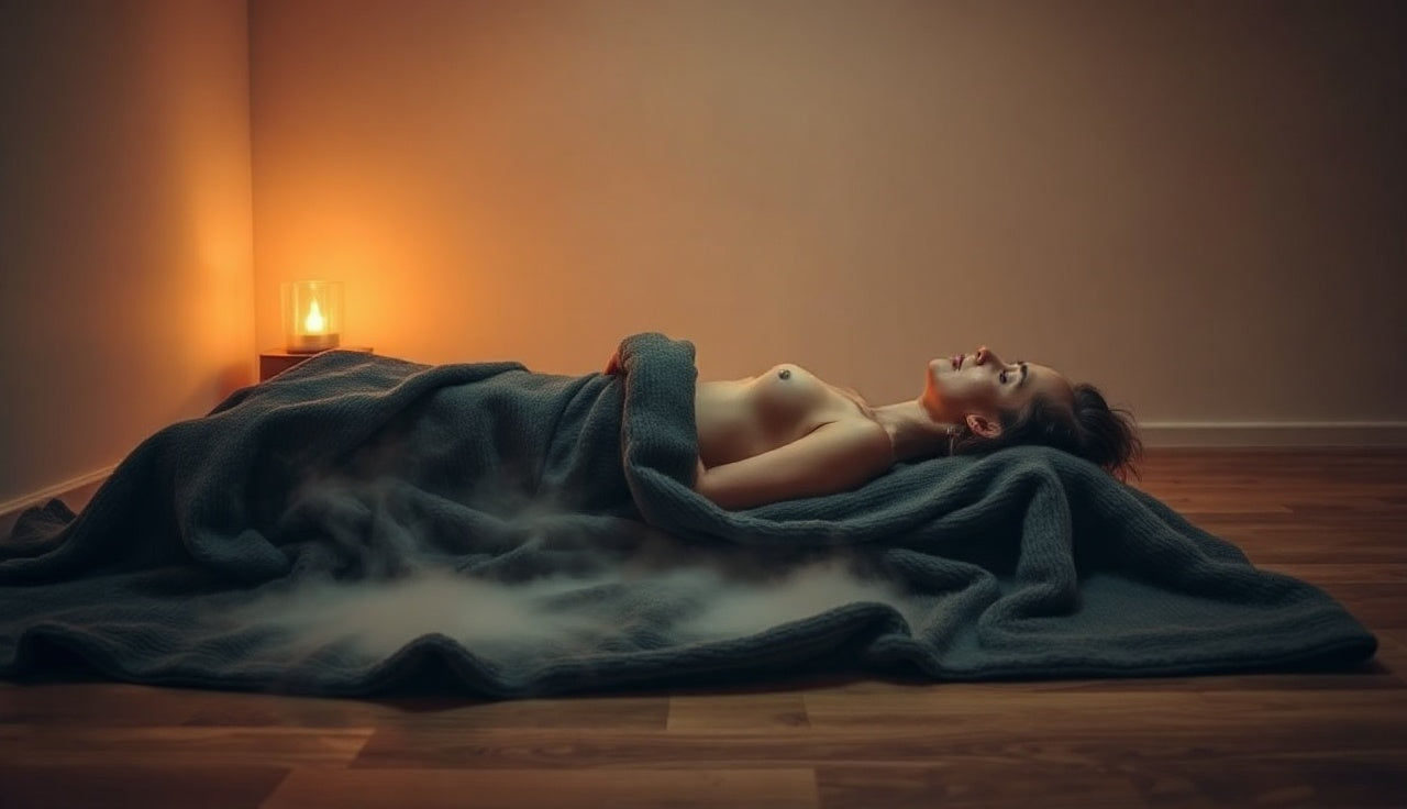 Person lying inside a sauna blanket on a wooden floor in warm amber light
