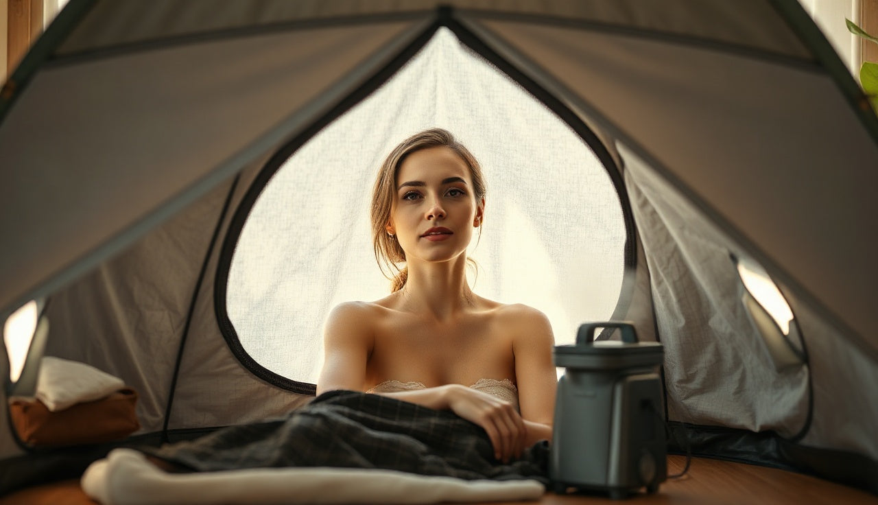 Woman relaxing inside a portable sauna chair steam tent at home
