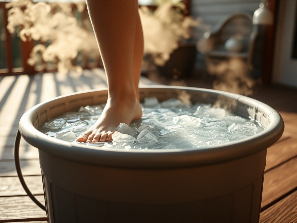 Person stepping into an affordable cold plunge tub on a backyard patio
