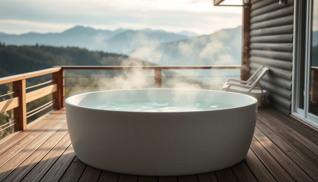 Cold plunge tub on an outdoor patio with morning light and mountains in background