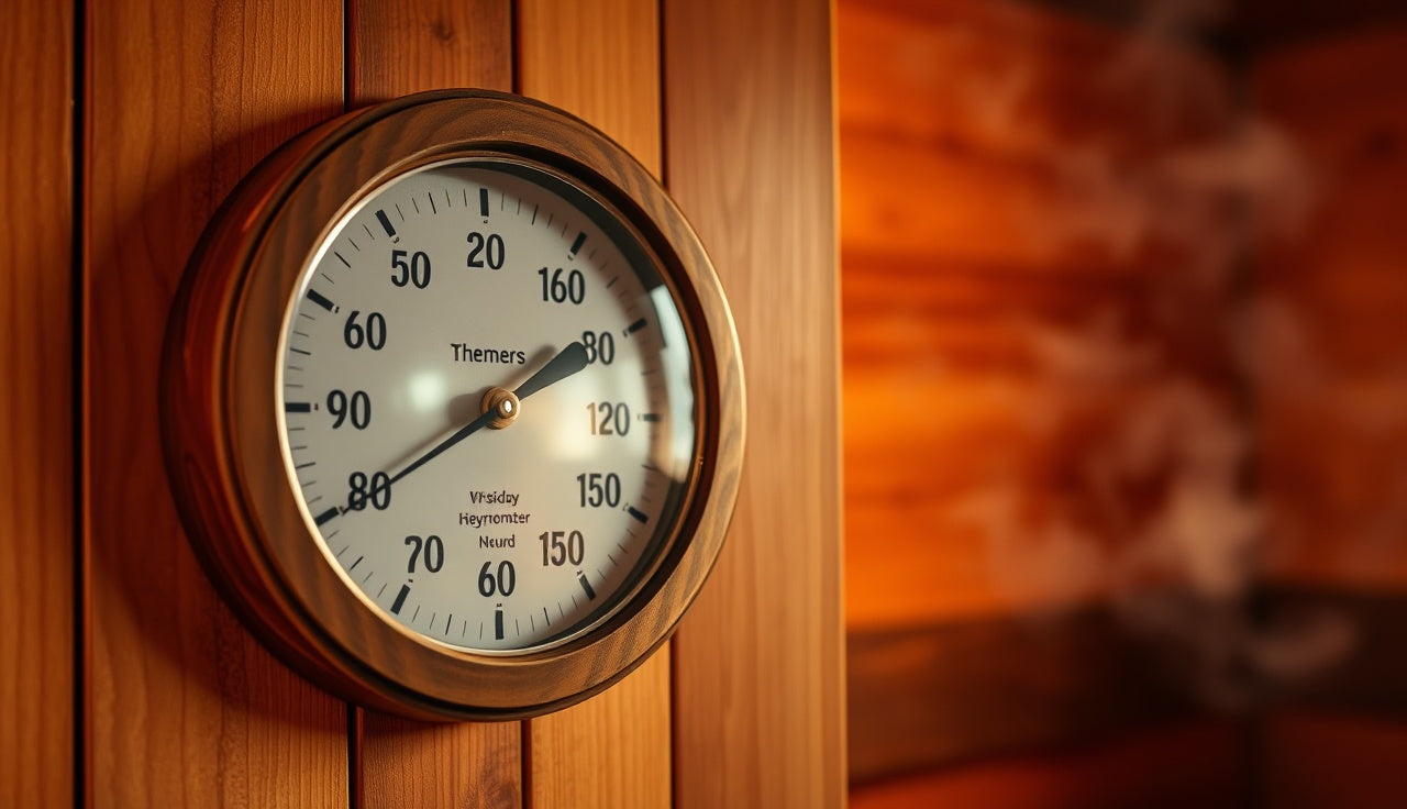 Analog wood-framed sauna temperature gauge mounted on cedar wall with steam