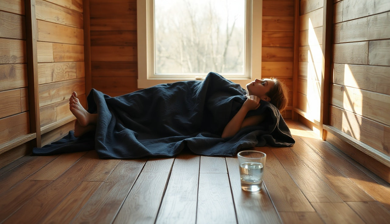 Person lying inside an infrared sauna blanket on a wooden floor with morning light