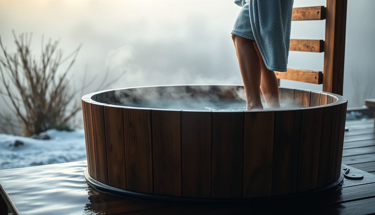 Person exiting a wooden cold plunge tub outdoors on a misty morning