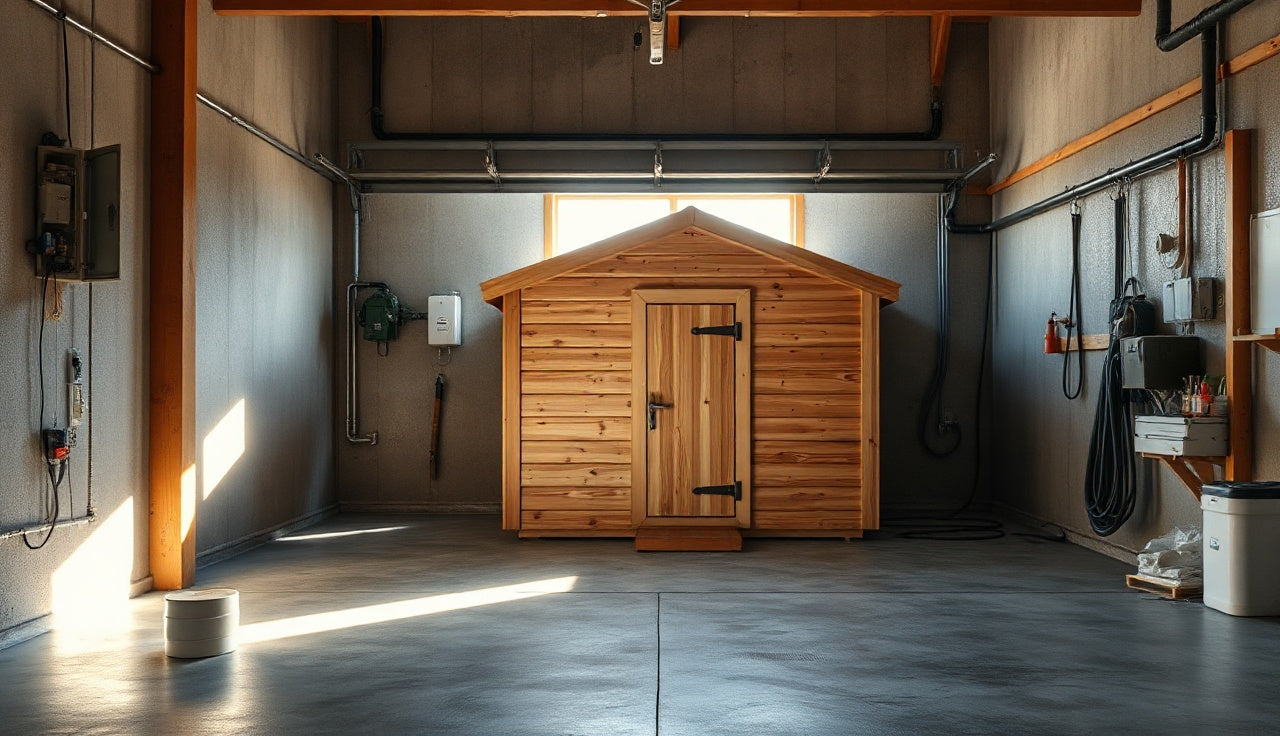Prefab cedar sauna installed inside a residential garage with electrical conduit on the wall