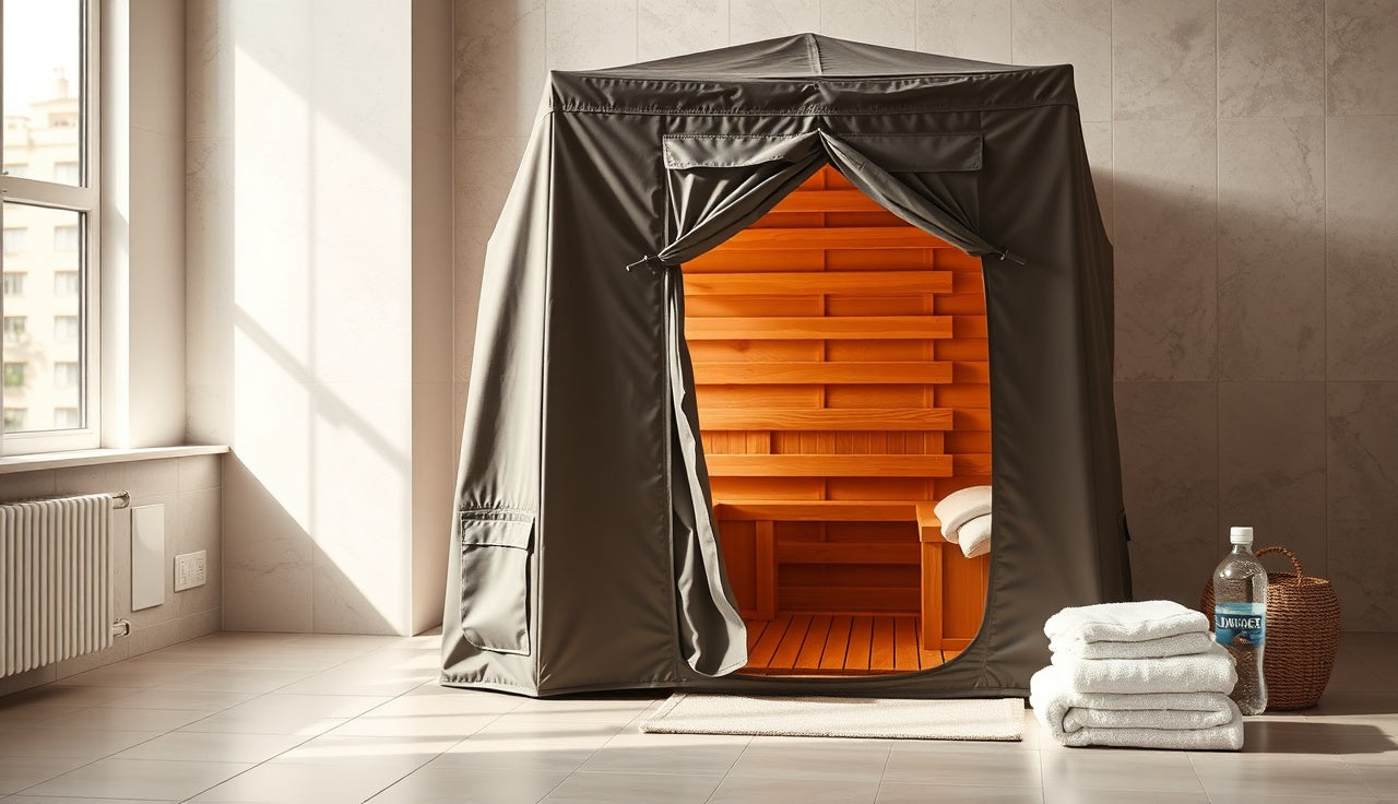 Portable fabric steam sauna tent open on a tiled bathroom floor