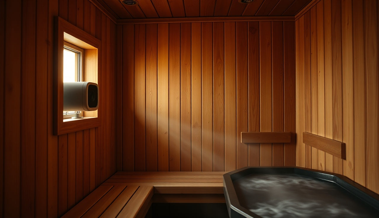 Cedar sauna interior with a heat-rated wall-mounted speaker beside wooden bench
