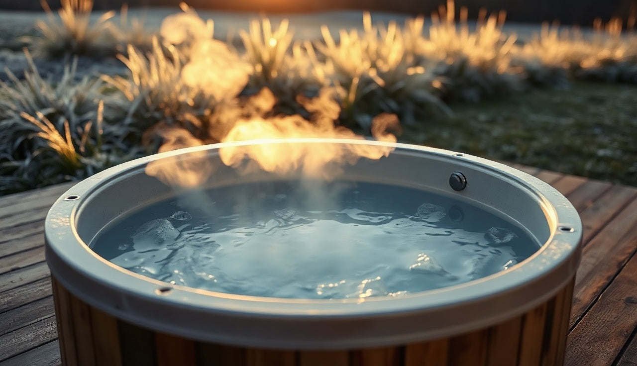 Cold plunge tub on a wooden deck at dawn with steam rising from the water