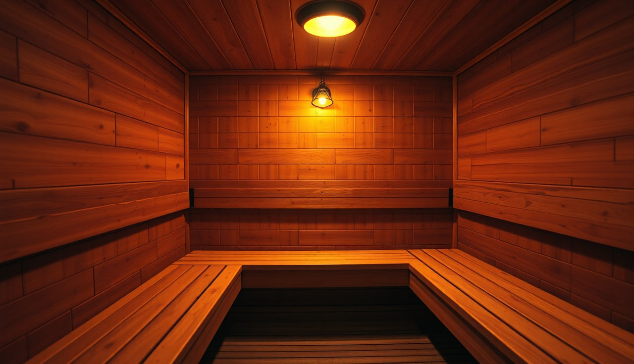 Empty wooden sauna interior with glowing heater and warm bench lighting