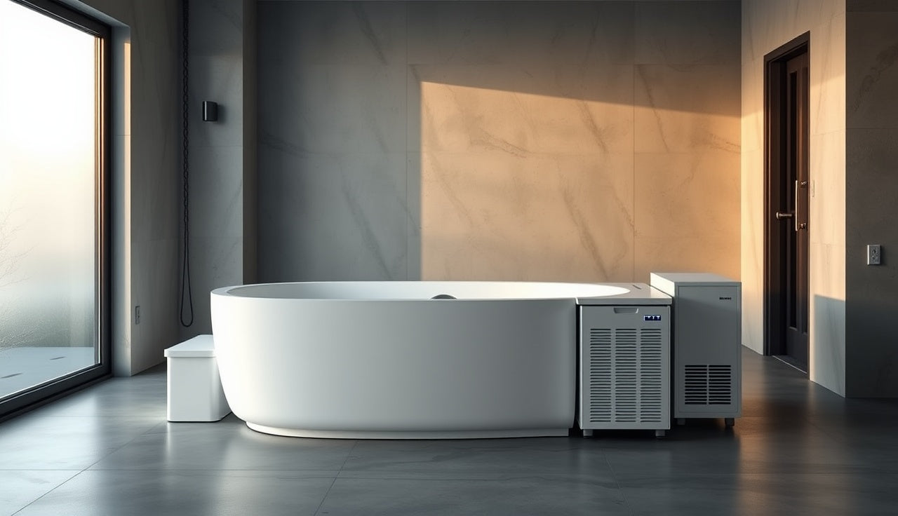 Cold plunge tub with chiller unit in a modern home gym, morning light