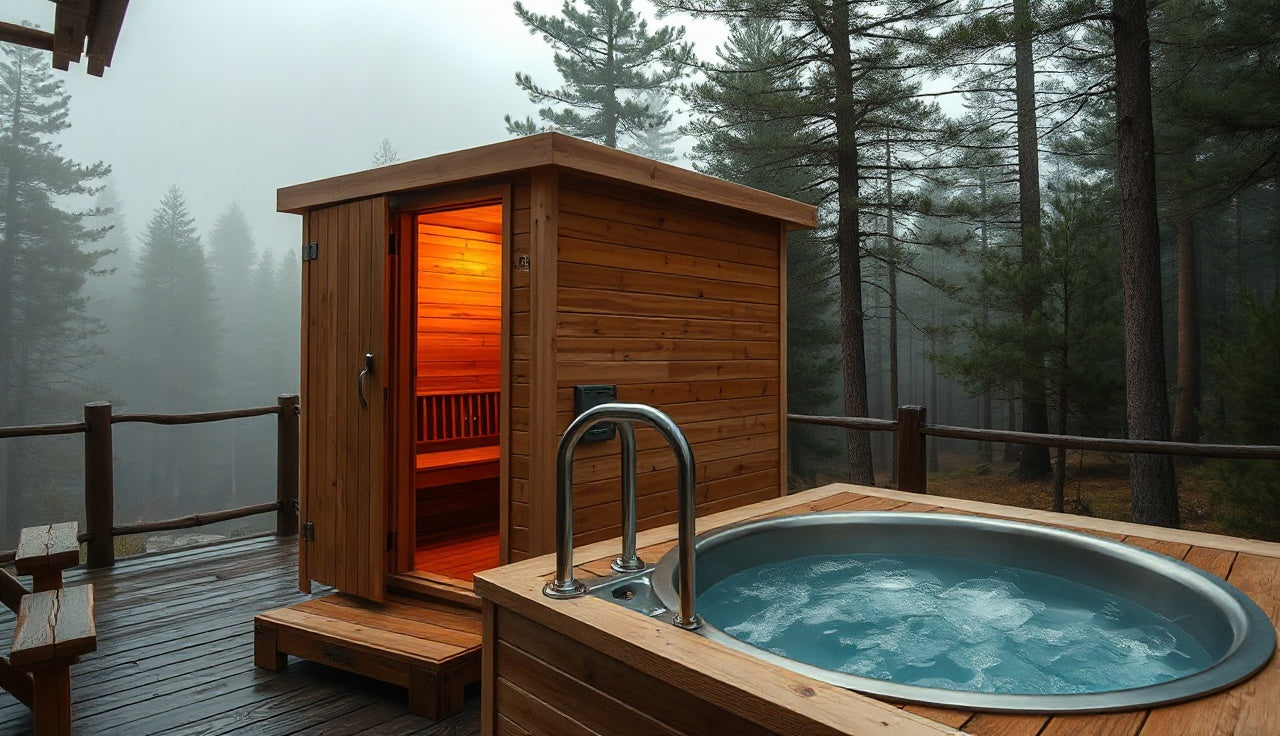 Outdoor sauna and cold plunge tub side by side in a misty pine forest at dawn