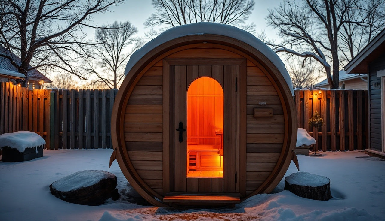 Cedar barrel sauna with warm glowing window in a snowy backyard at dusk