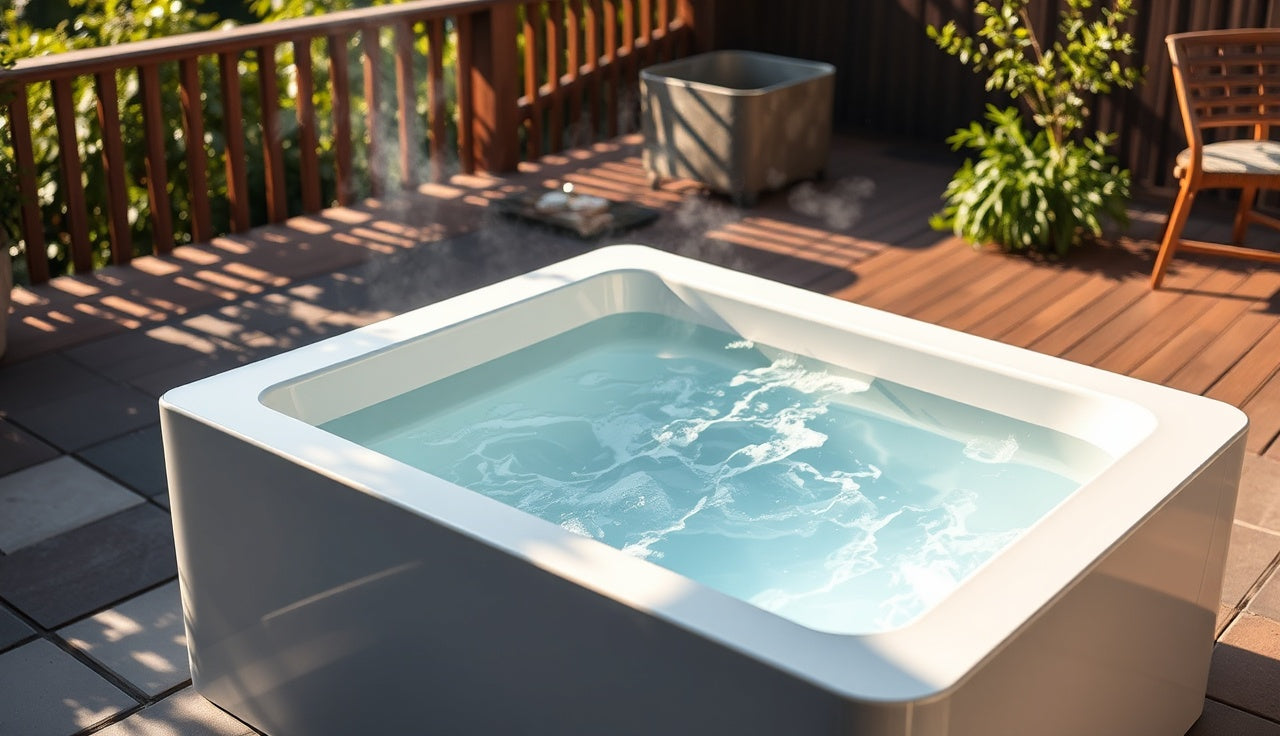 Rectangular acrylic cold plunge tub on a stone patio in morning light
