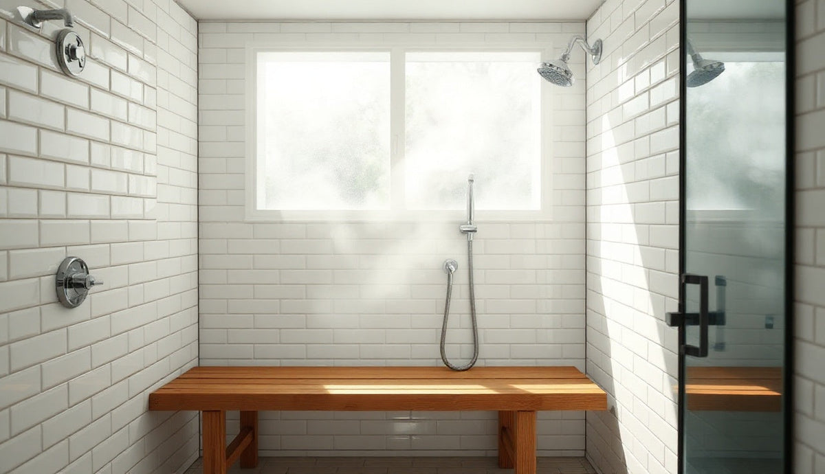 Residential steam shower with white tile, wood bench, glass door, and frosted window