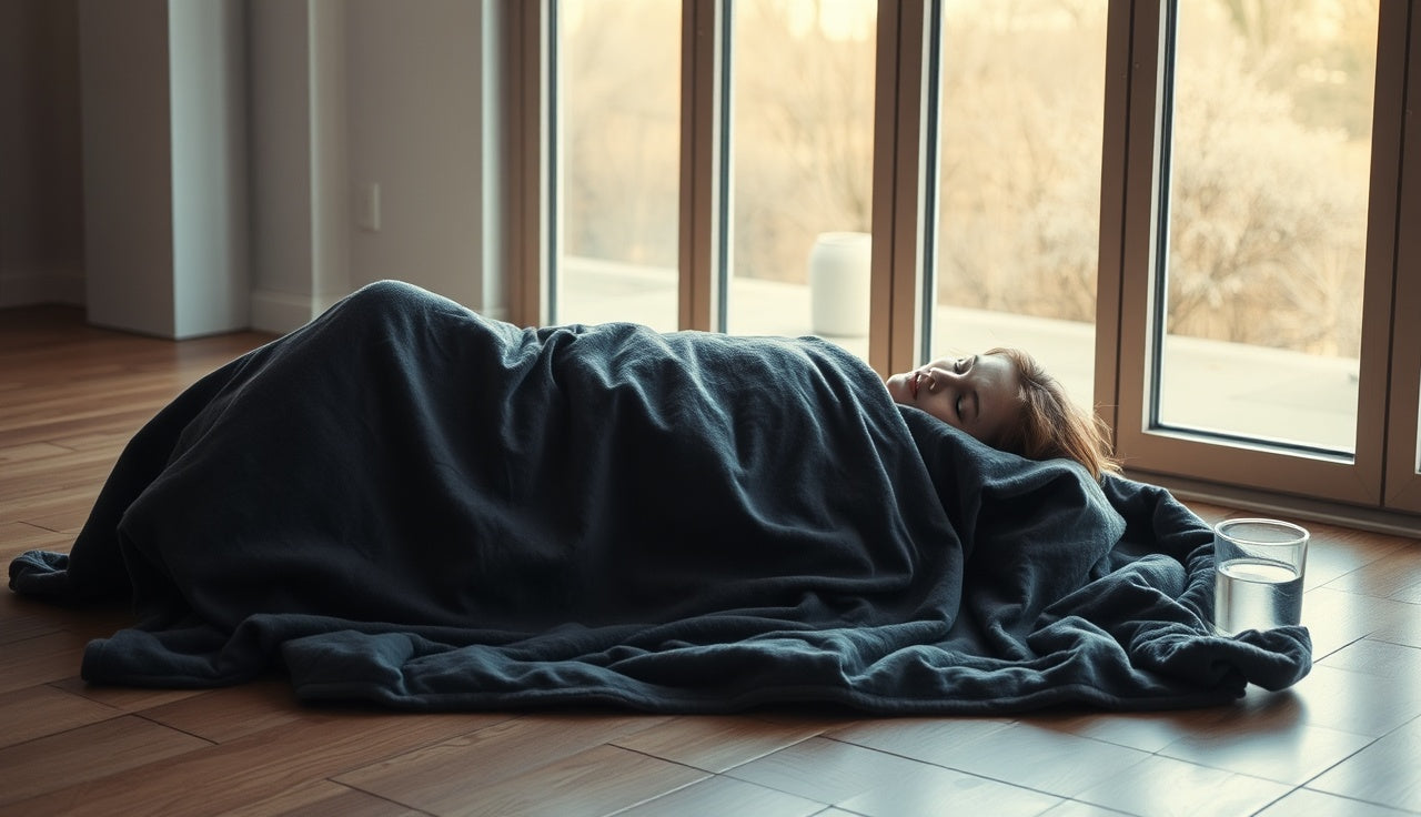 Person relaxing inside a portable sauna blanket on a wooden floor