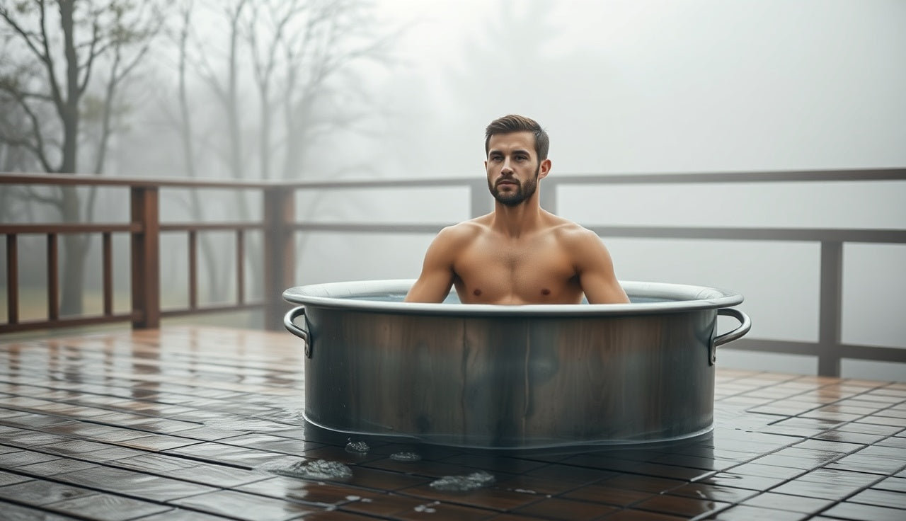 Athlete sitting in cold plunge tub outdoors after a workout on wooden deck