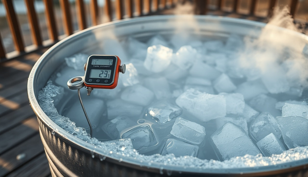 Galvanized stock tank ice bath with digital thermometer on wooden deck in morning light