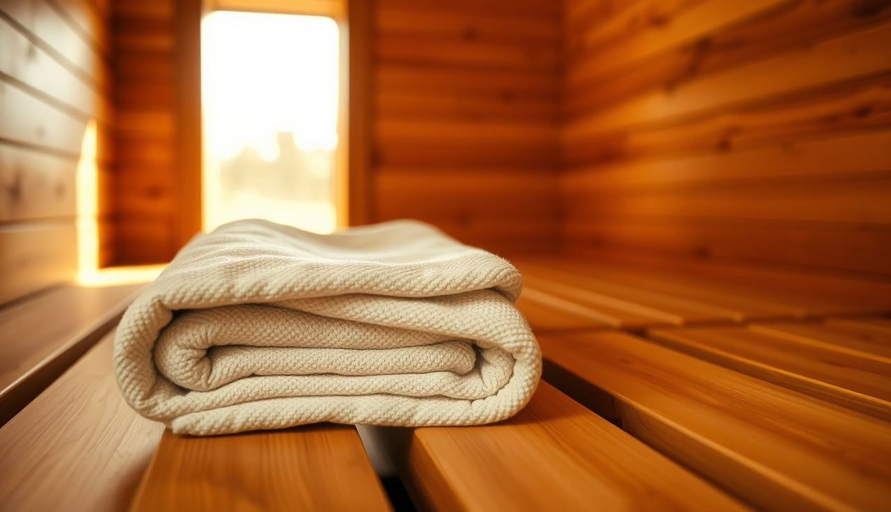 Cream linen towel folded on a wooden sauna bench in warm light