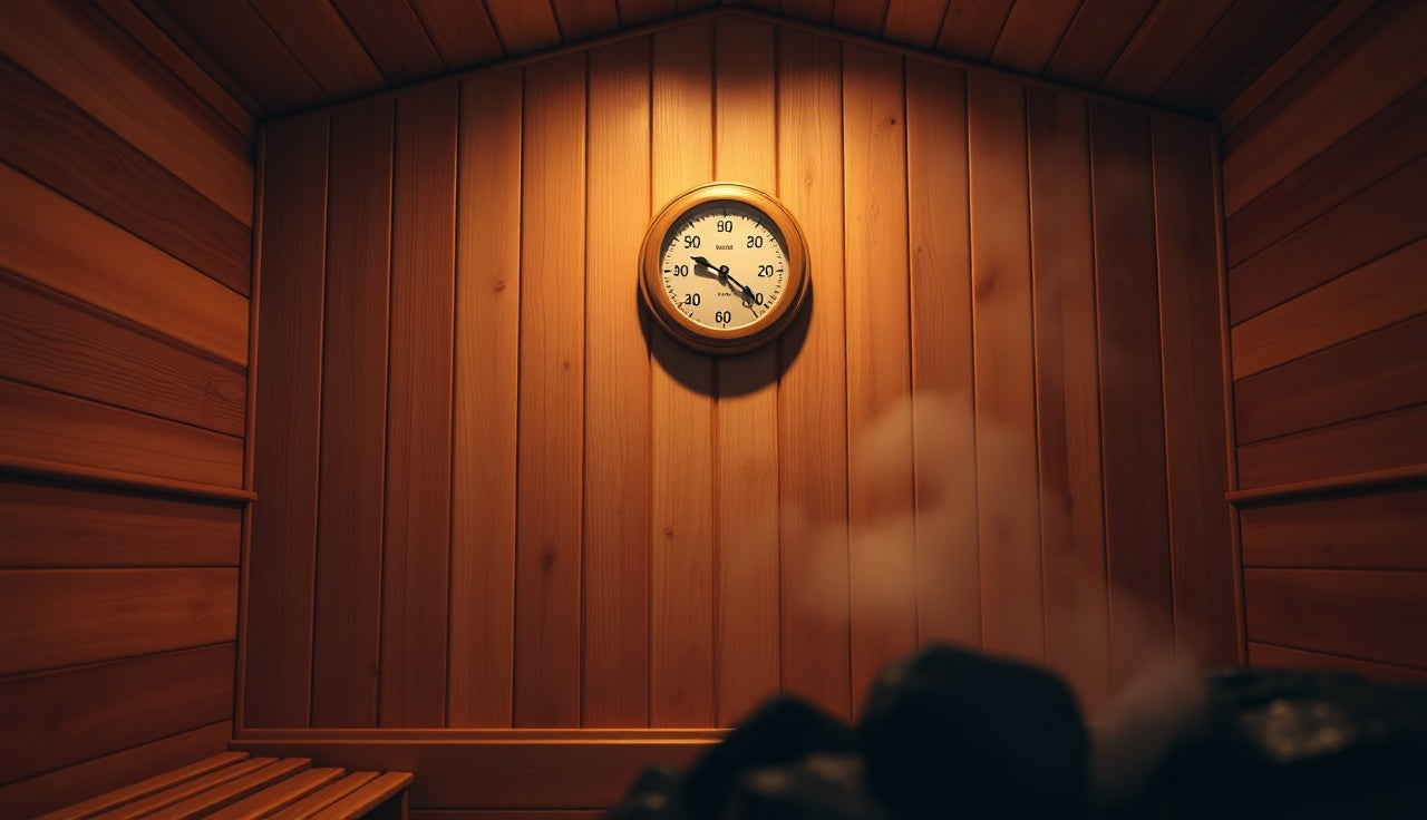 Wooden hygrometer mounted high on cedar sauna wall opposite the heater