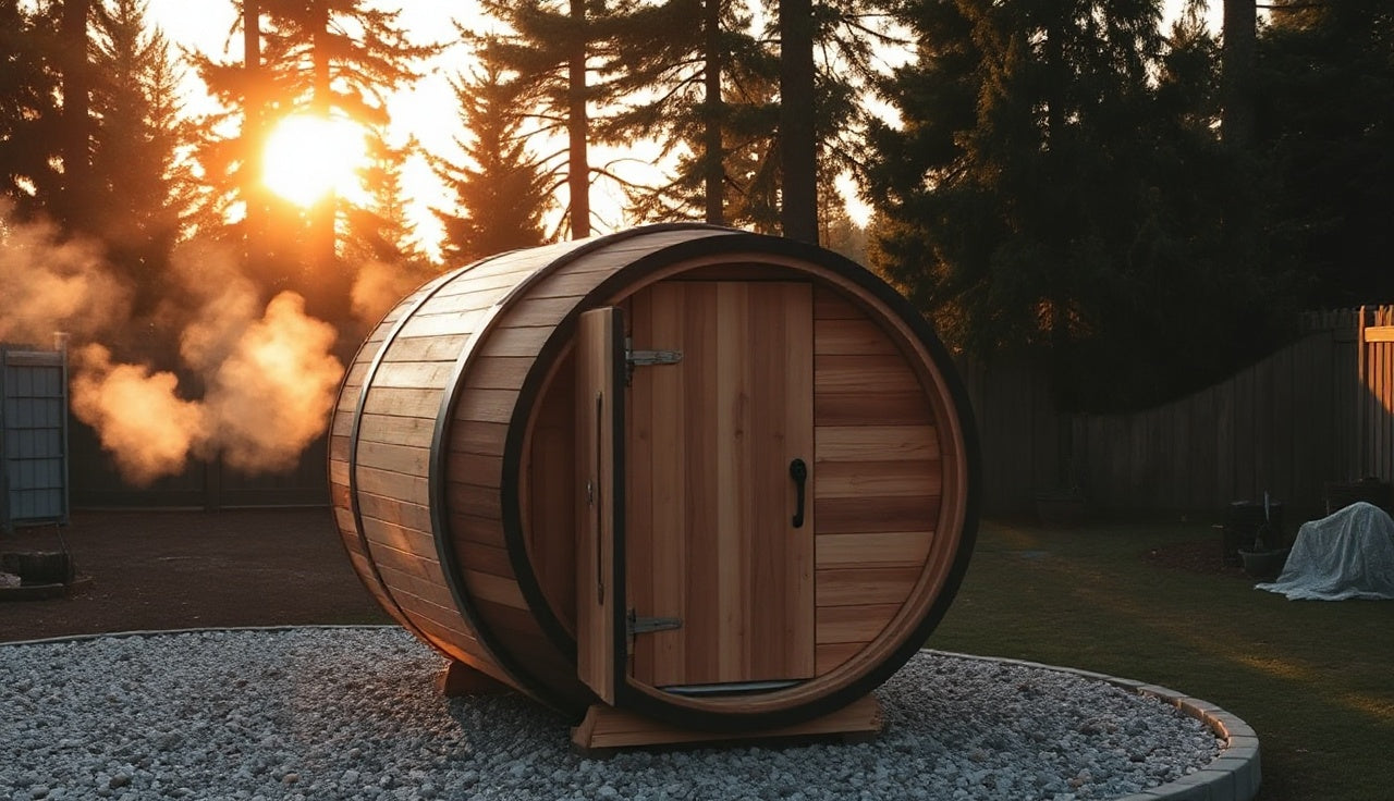 Cedar barrel sauna on gravel in a backyard at golden hour with steam around the door