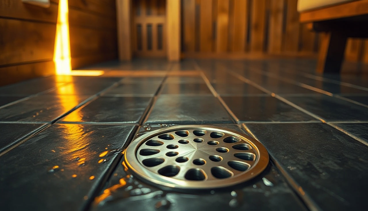 Stainless steel floor drain centered in a tiled sauna floor with water beading around it