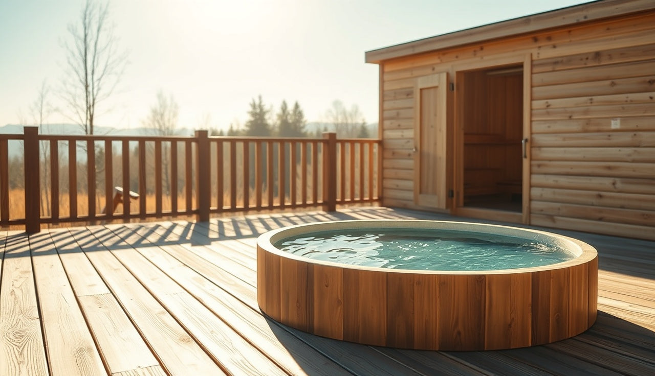 Upright ice barrel cold plunge tub on a wooden deck beside an outdoor sauna at sunrise