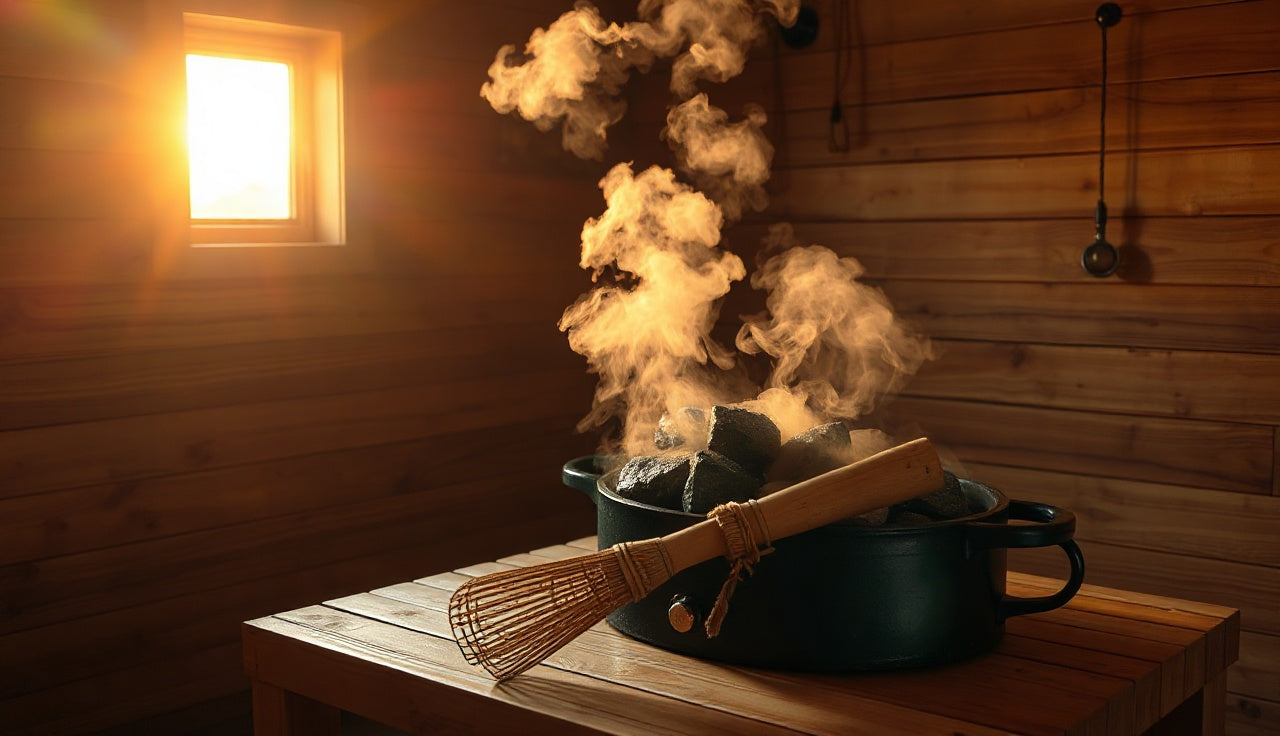 Wooden Finnish sauna interior with steam rising from hot stones and birch whisks on bench
