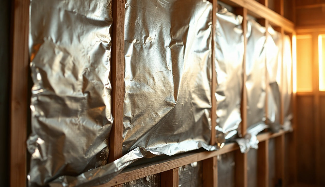 Aluminum foil vapor barrier stapled to wooden sauna wall studs during construction