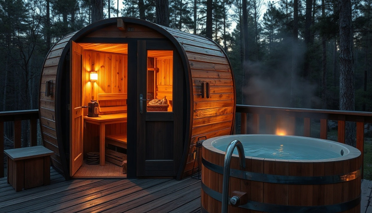 Cedar barrel sauna and cold plunge tub on an outdoor deck at dusk