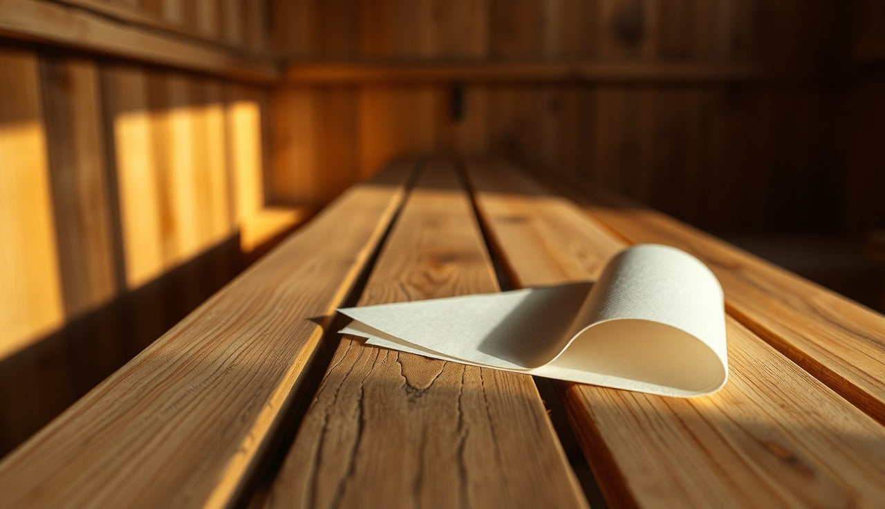 Rough sauna bench boards with sandpaper resting on the wood grain surface