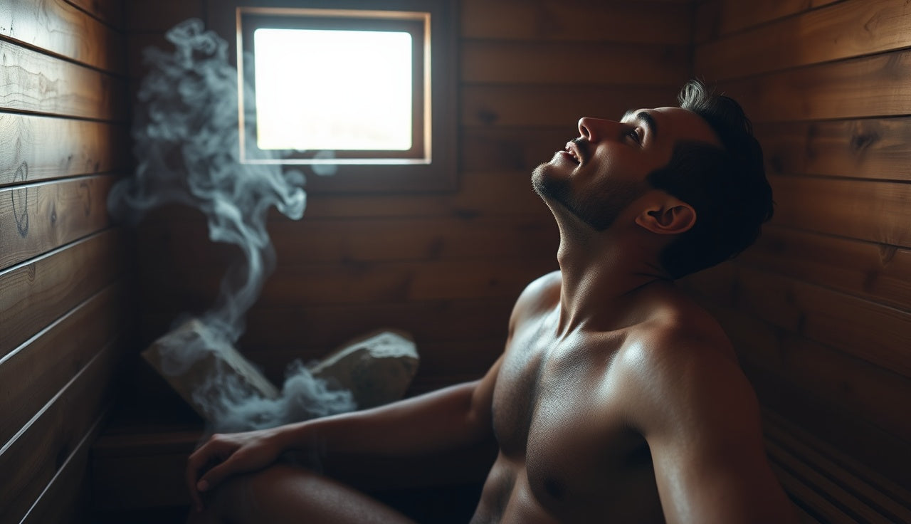 Man resting on sauna bench with steam rising around him in a hot Finnish sauna