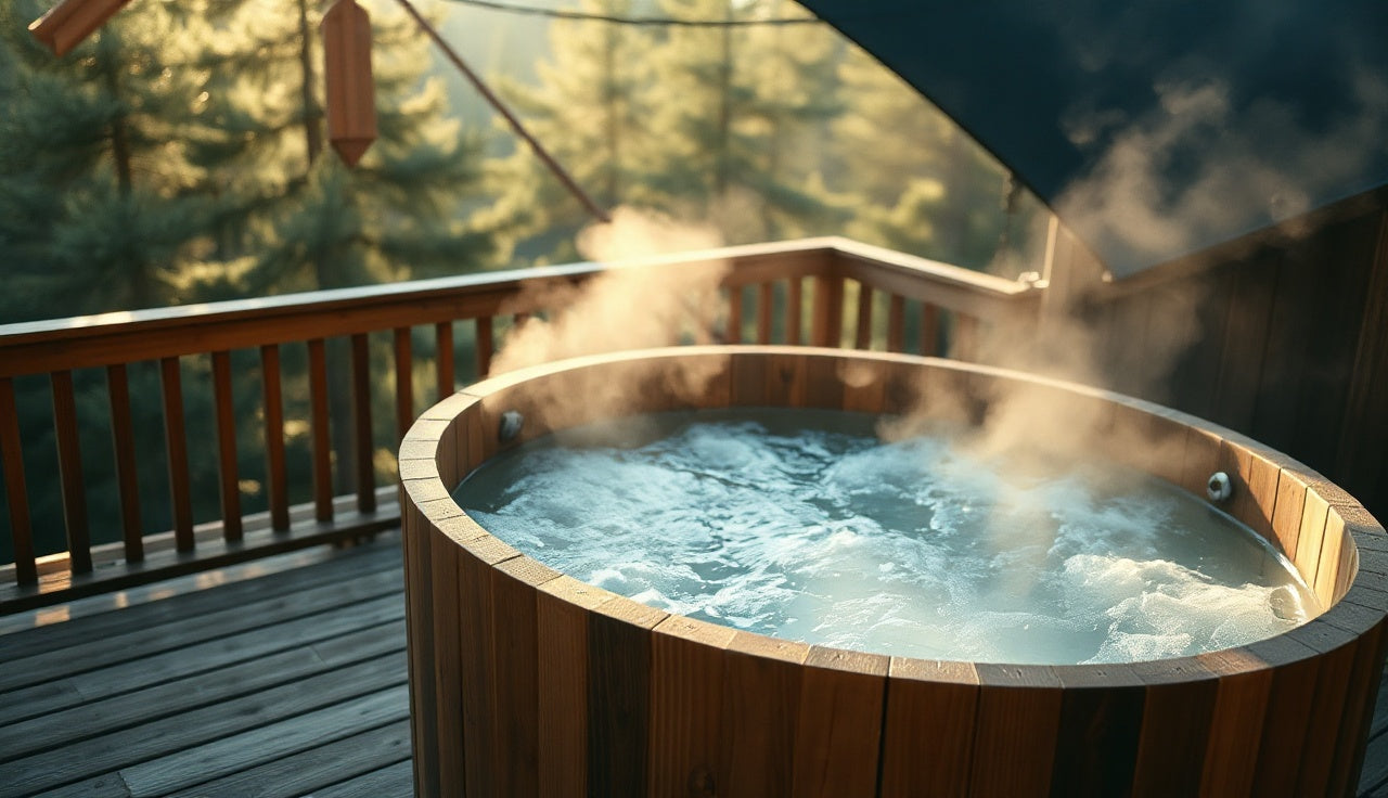 Clear water in a cedar cold plunge tub on an outdoor deck at dawn