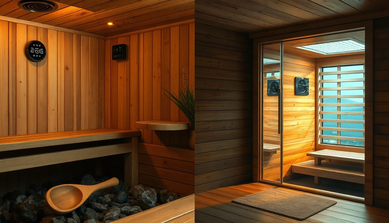 Interior view of a conventional cedar sauna and an infrared sauna cabin side by side