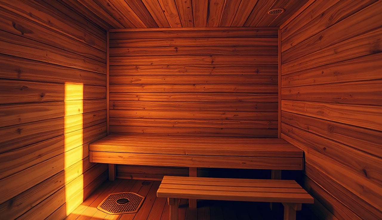 Cedar wood high end infrared sauna interior with warm amber panel light