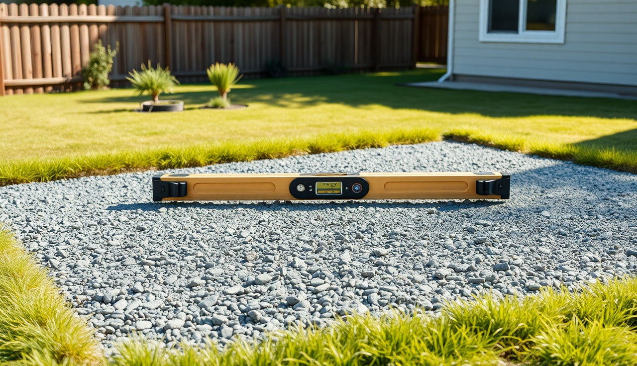 Carpenter's level on a freshly leveled gravel pad for a barrel sauna