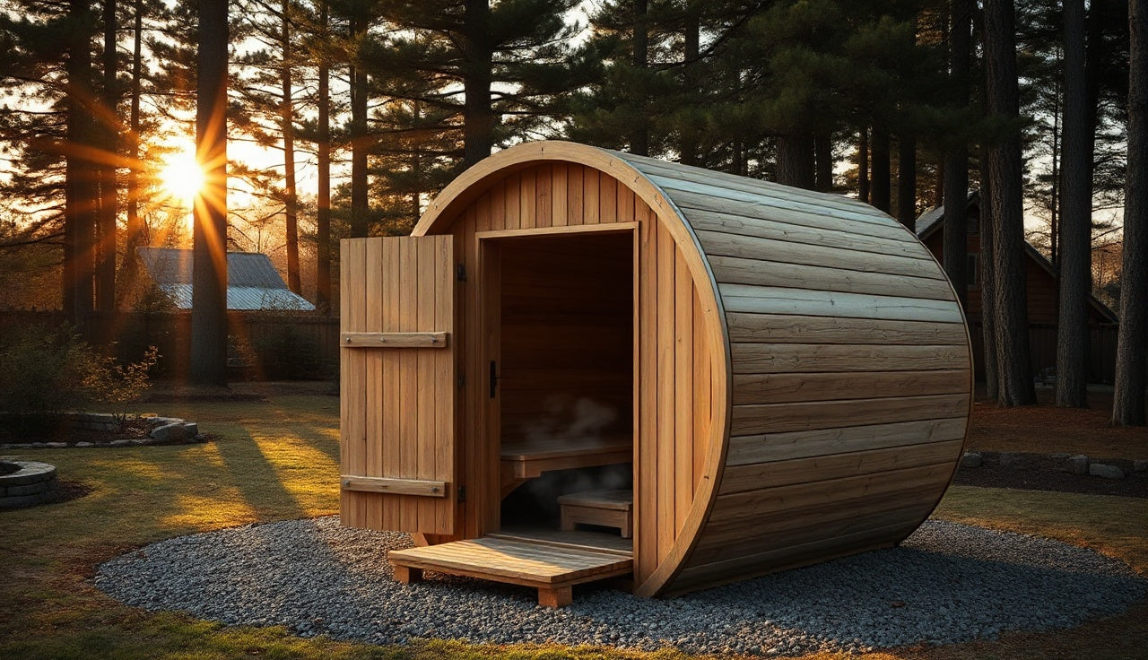 Cedar barrel sauna on gravel pad in a wooded backyard at golden hour