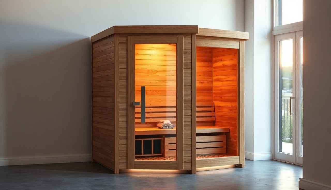 Assembled two-person full spectrum infrared sauna cabin in a modern home gym with warm interior glow