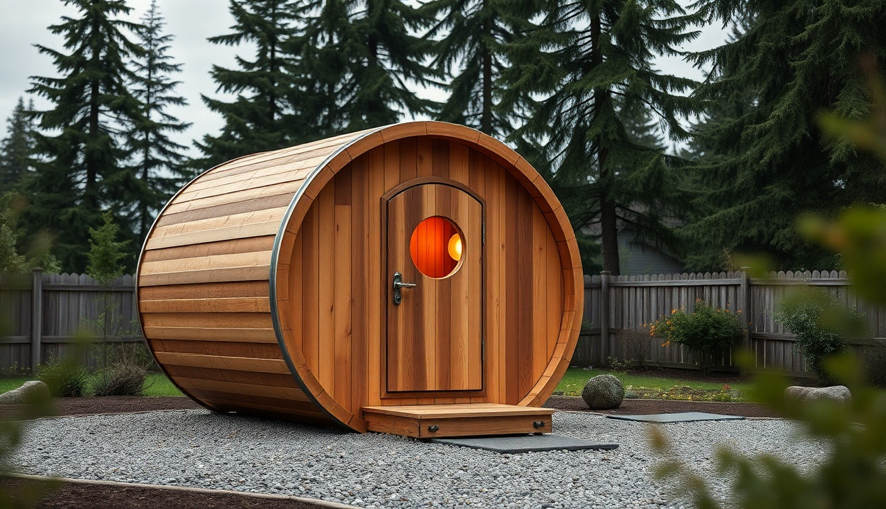 Cedar barrel sauna on gravel in a backyard surrounded by fir trees