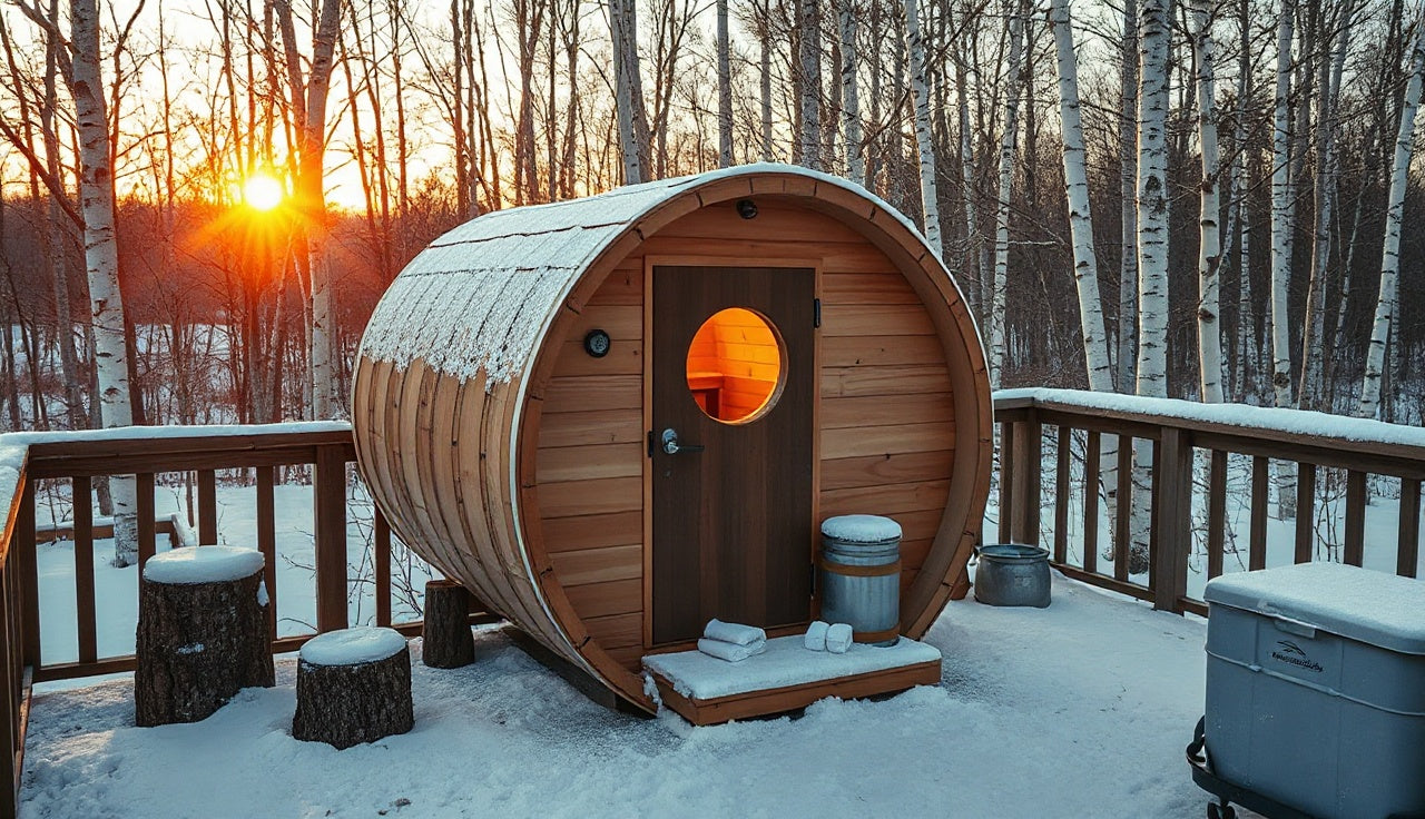 Cedar barrel sauna on snowy backyard deck glowing with warm interior light