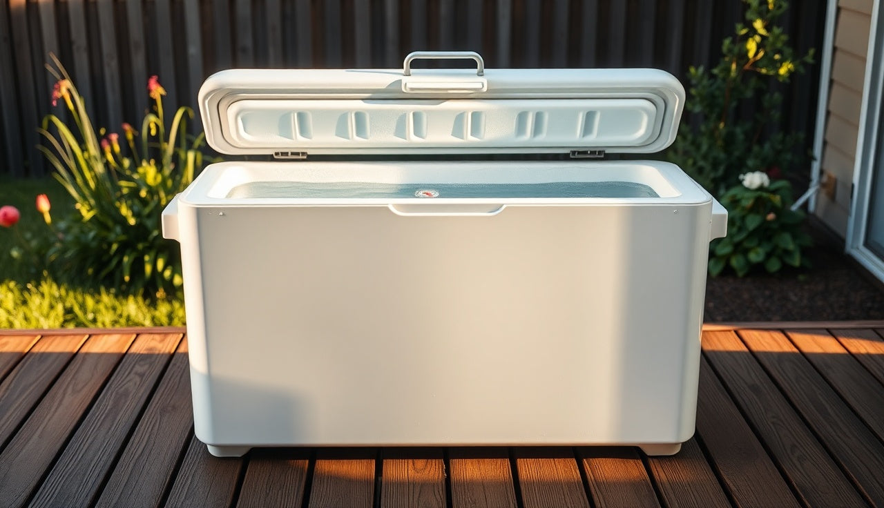 White chest freezer converted into a cold plunge tub on a backyard deck