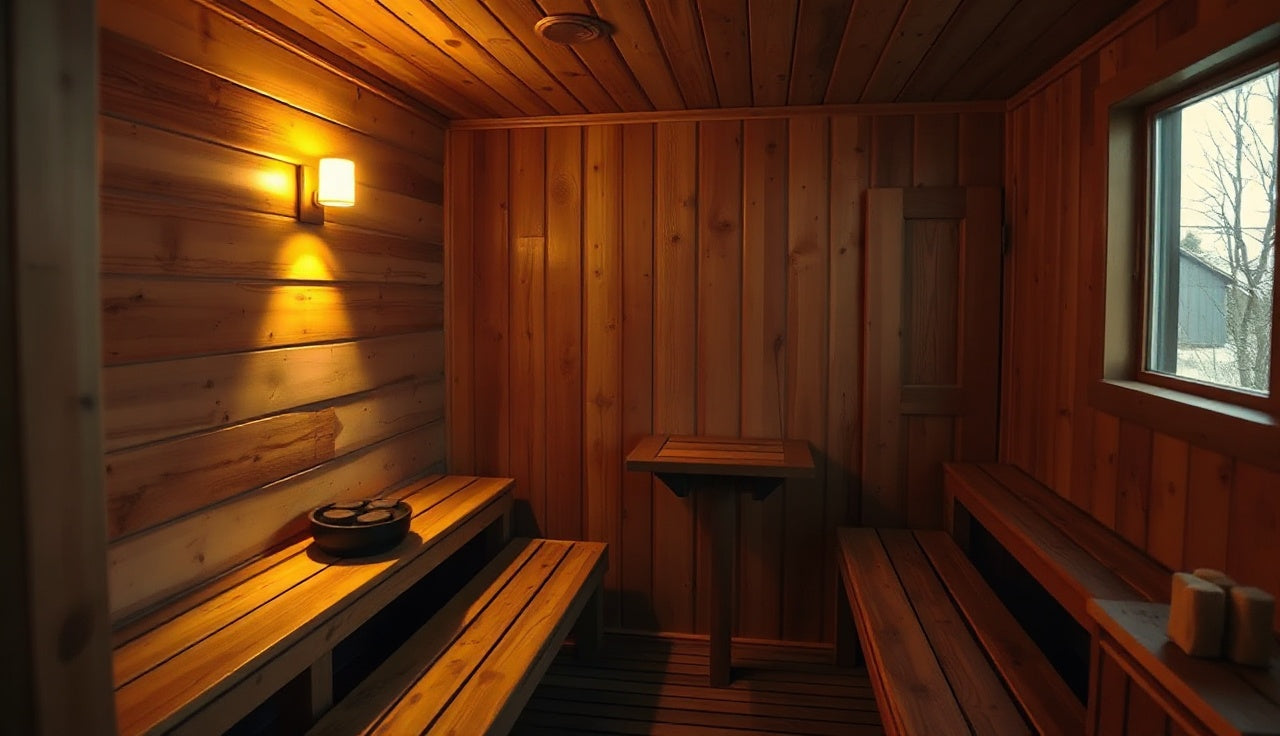 Wood-paneled Finnish sauna interior with glowing hot stones and rising steam