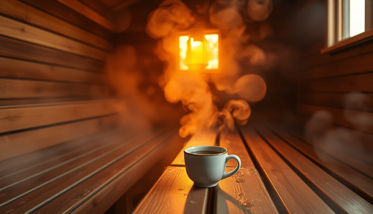 Steaming Finnish sauna interior with a cup of black coffee on the cedar bench