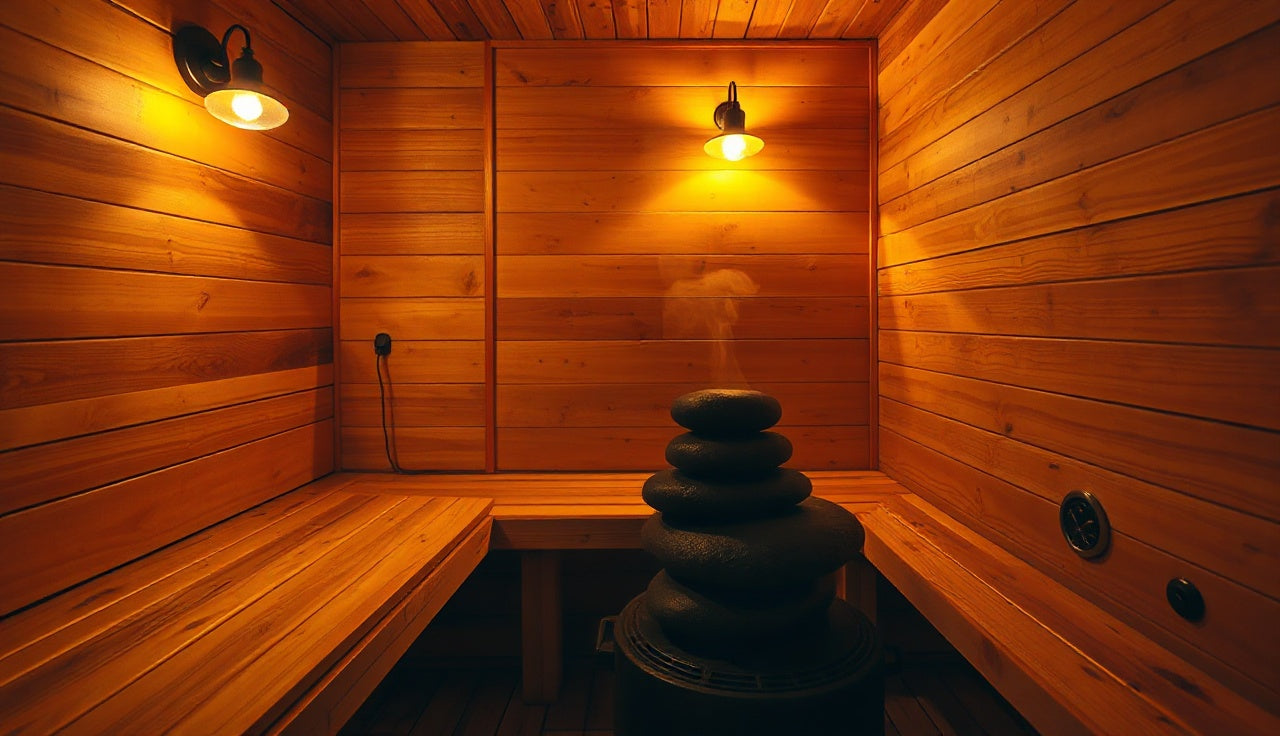 Cedar sauna interior with glowing stones on iron heater and warm amber bench lighting