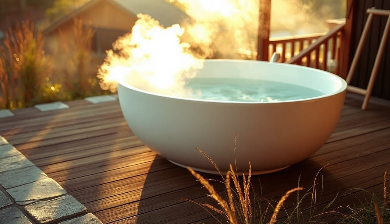 Freestanding cold plunge and hot soak tub on a wooden deck at dawn