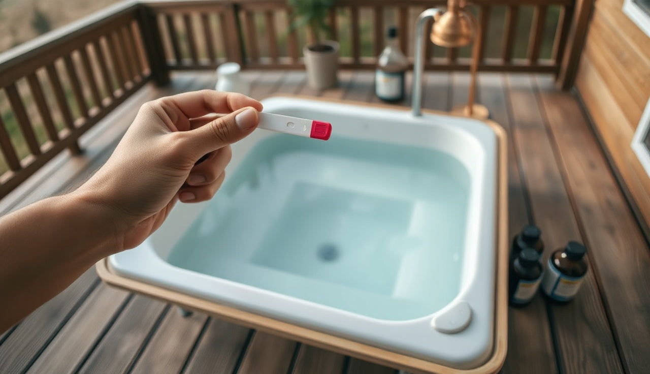 Person testing water chemistry in a cold plunge tub on a wooden deck