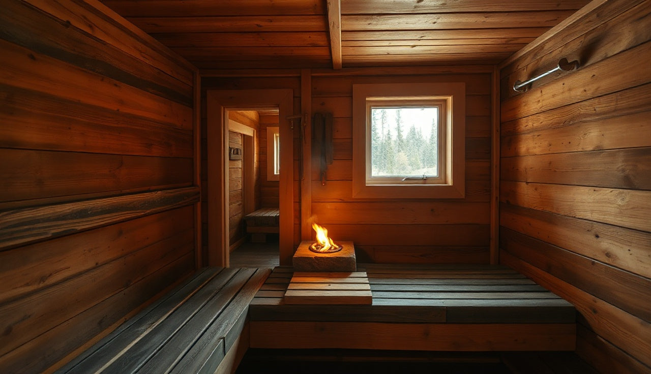 Wooden Finnish sauna interior with glowing hot stones and rising steam