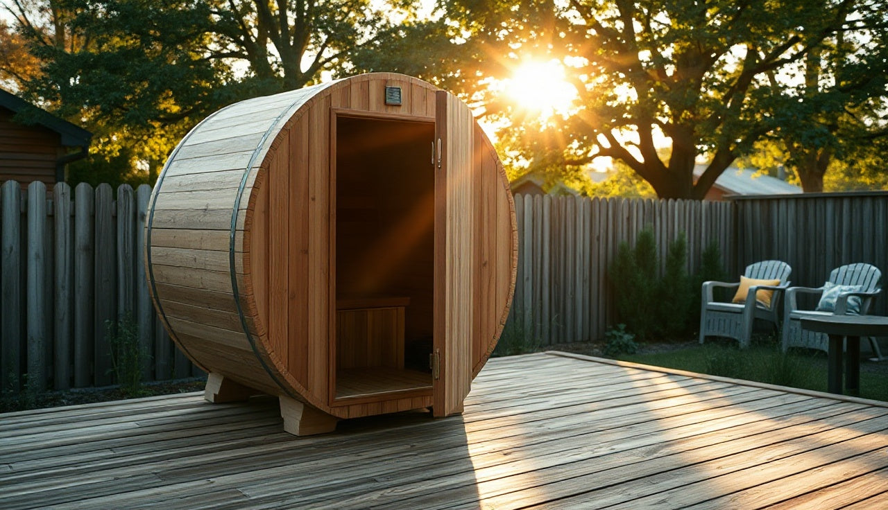 Cedar barrel sauna with open door on a backyard deck in morning light