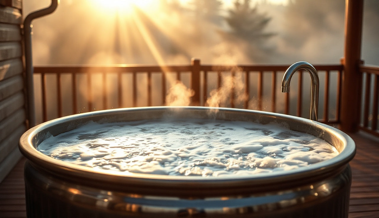 Stainless steel high-end cold plunge tub on a wooden deck in morning light