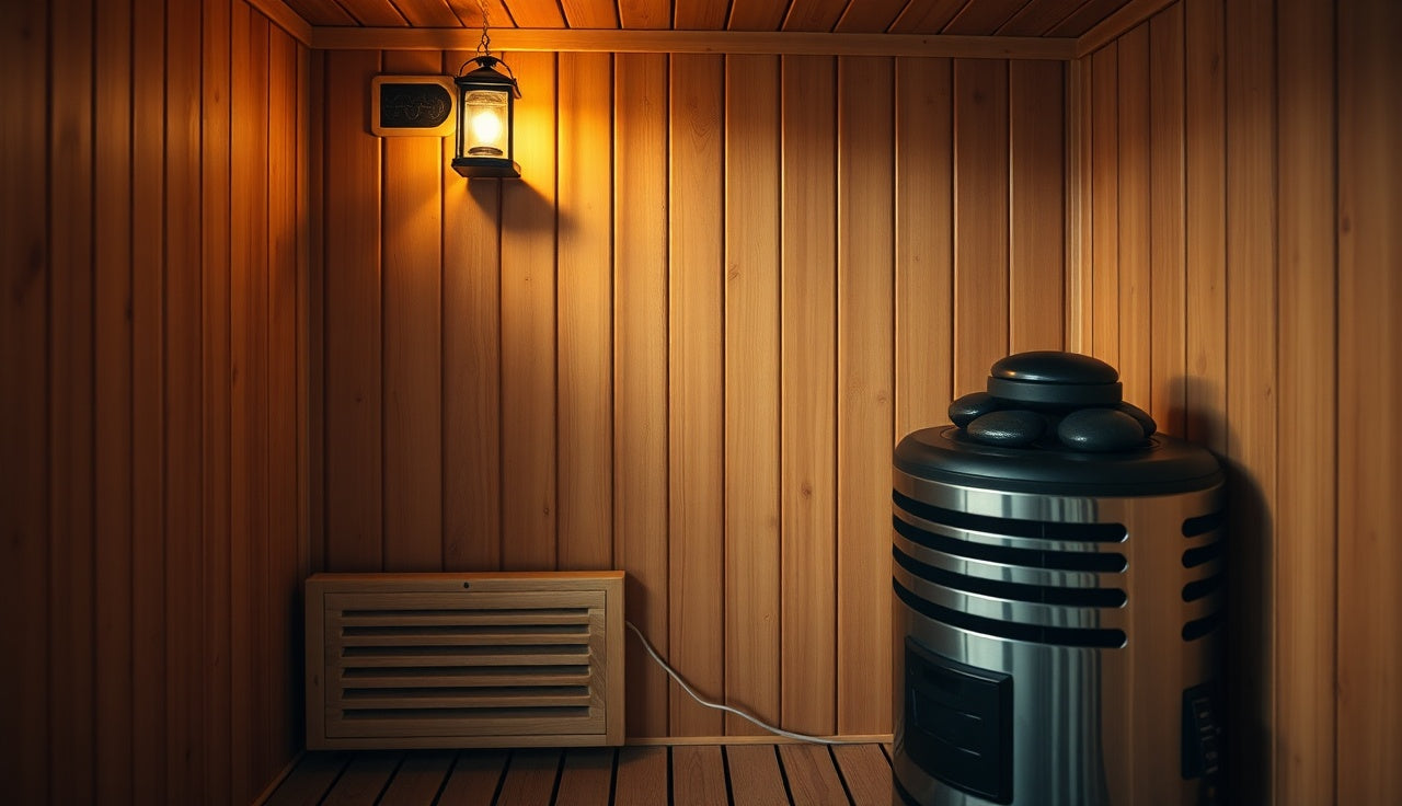 Cedar sauna interior with a low wooden intake vent near the electric heater